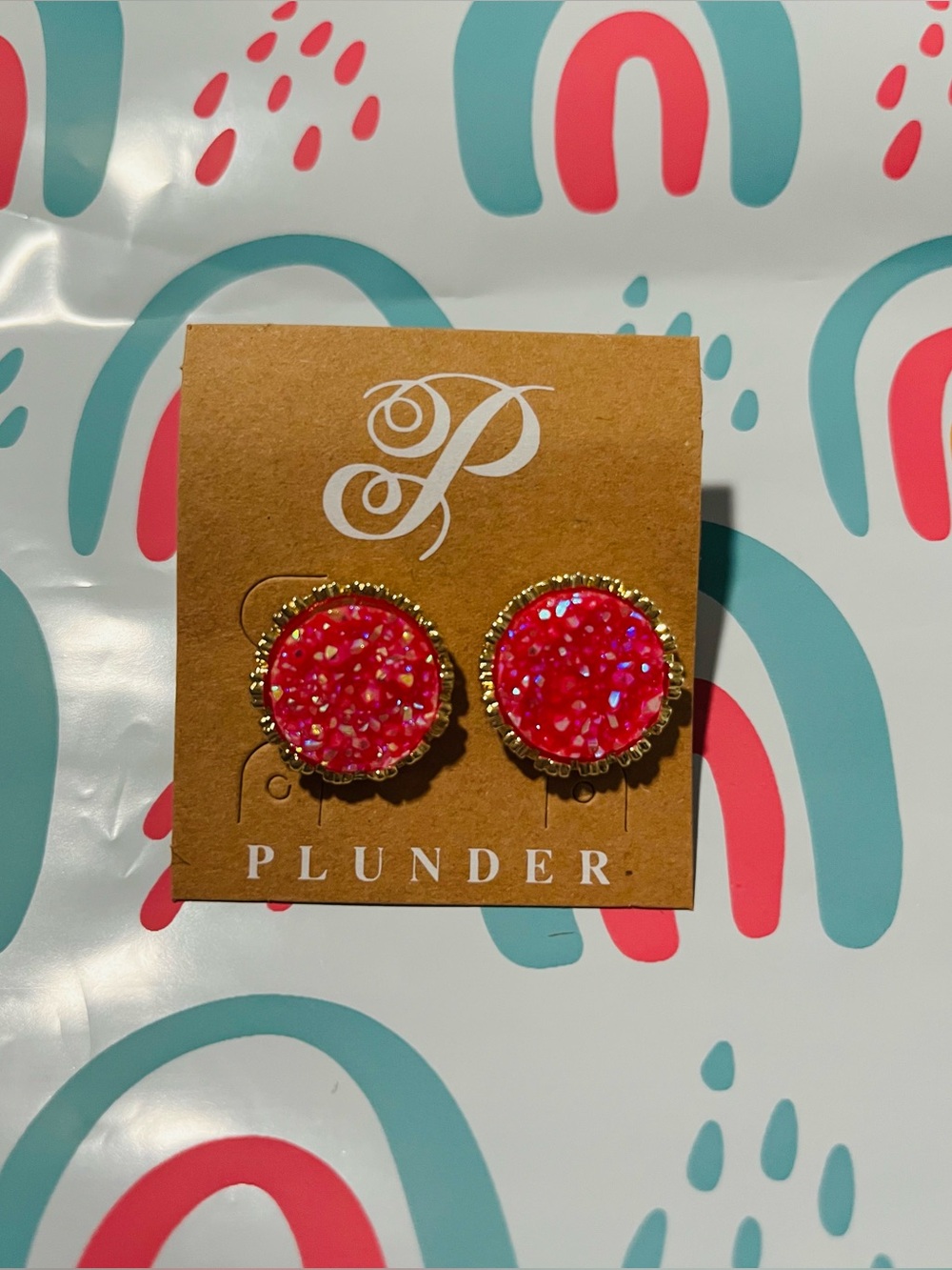 Plunder Hot Pink Glitter Druzy Round Stud Earrings